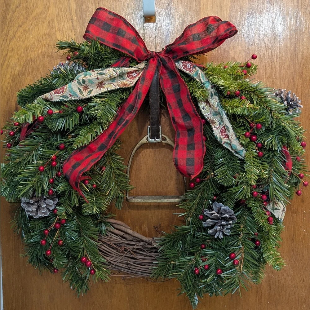 Rustic Equestrian Stirrup Holiday Wreath with Red Plaid Bow